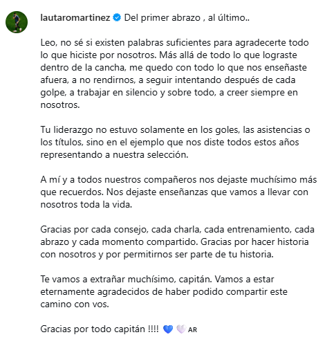 mdzol's tweet photo. El emotivo posteo de Lautaro Martínez por el retiro de Messi de la Selección: "Tu liderazgo no estuvo solamente en los goles, las asistencias o los títulos, sino en el ejemplo que nos diste todos estos años representando a nuestra selección". https://t.co/ojMfSCUf9T