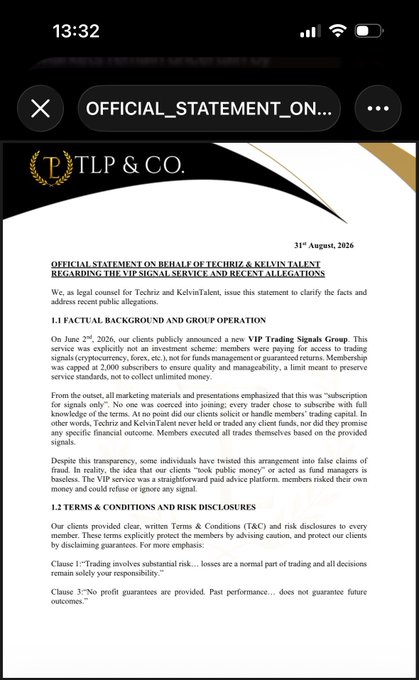 FOJ_fx's tweet photo. The legal statement issued by TLP &amp; Co on behalf of Techriz x Kelvin Talent is a masterclass in corporate deflection. They are trying to rebrand a total contractual default into a "voluntary gesture of goodwill" to evade a massive regulatory crisis. 👇 https://t.co/NafXpwCXia