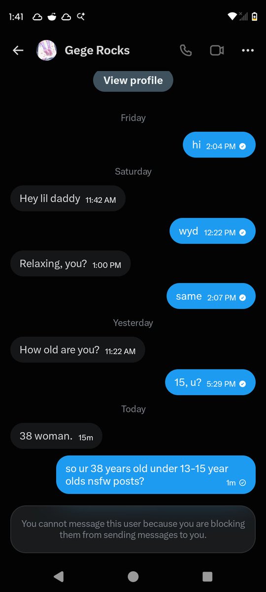 ag7track4's tweet photo. @RocksGege is a pedo btw she under 13-15 year old posts and she's 38 https://t.co/tBO3lnqiNe