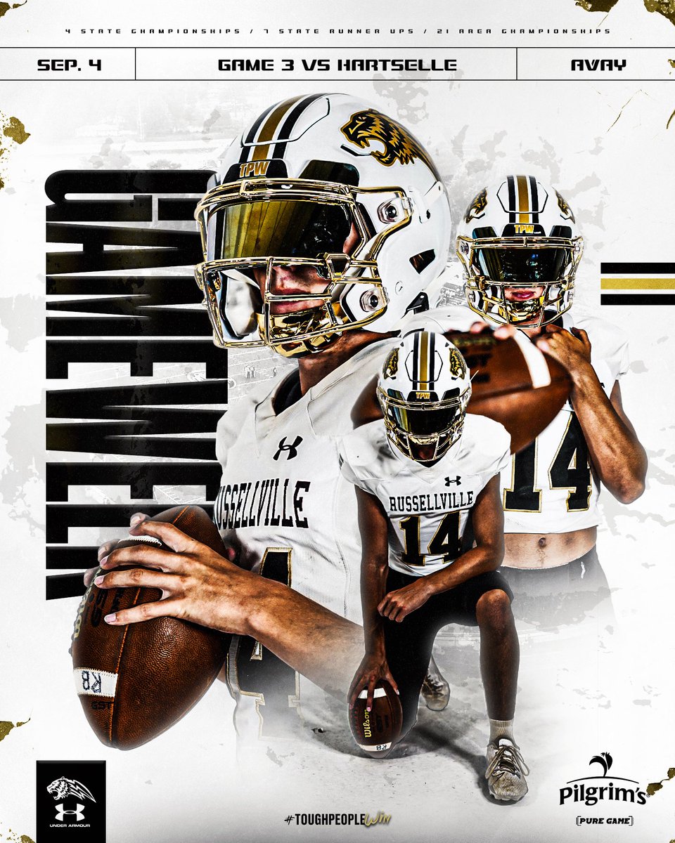 RussellvilleFB's tweet photo. It’s Game Week!! Friday night the Golden Tigers will travel to Hartselle to begin region play!
#TPW #Entry #FN5GL @TMobile https://t.co/PfJds6DzDn