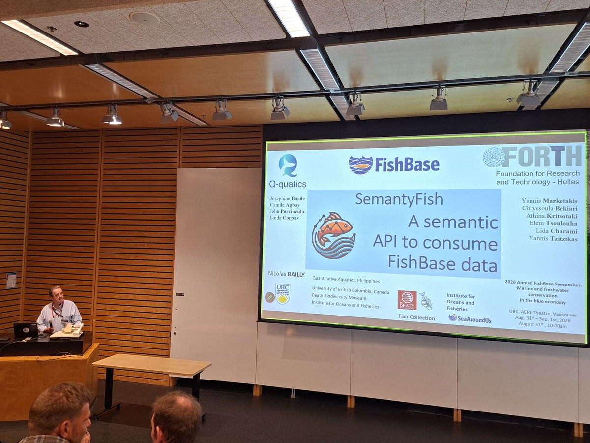FishBaseProject's tweet photo. The FishBase &amp; SeaLifeBase Symposium is underway! 🌊

Nicolas Bailly is now presenting SemantyFish, an OSCARS-funded project transforming #FishBase into a next-generation semantic web knowledge base—making its data more interoperable, discoverable, accessible &amp; machine-readable. https://t.co/KufsgWiEyB