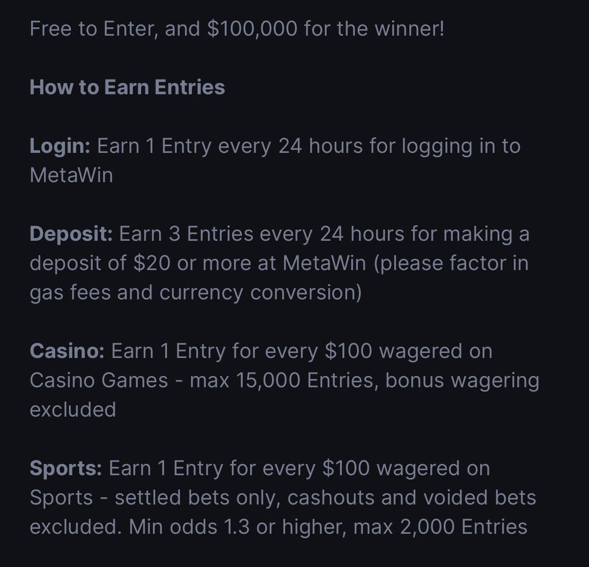 Atitty's tweet photo. The @MetaWin $250k draw is in 3 hours

Everyone gets a FREE entry for just logging into https://t.co/zoMlUjAOJ7

You earn extra entries on top if you deposit & wager

They’re picking 25 separate winners so the odds are pretty good

Comment your wallet, I’ll give one of you another $300 so you can go play & grab some entries