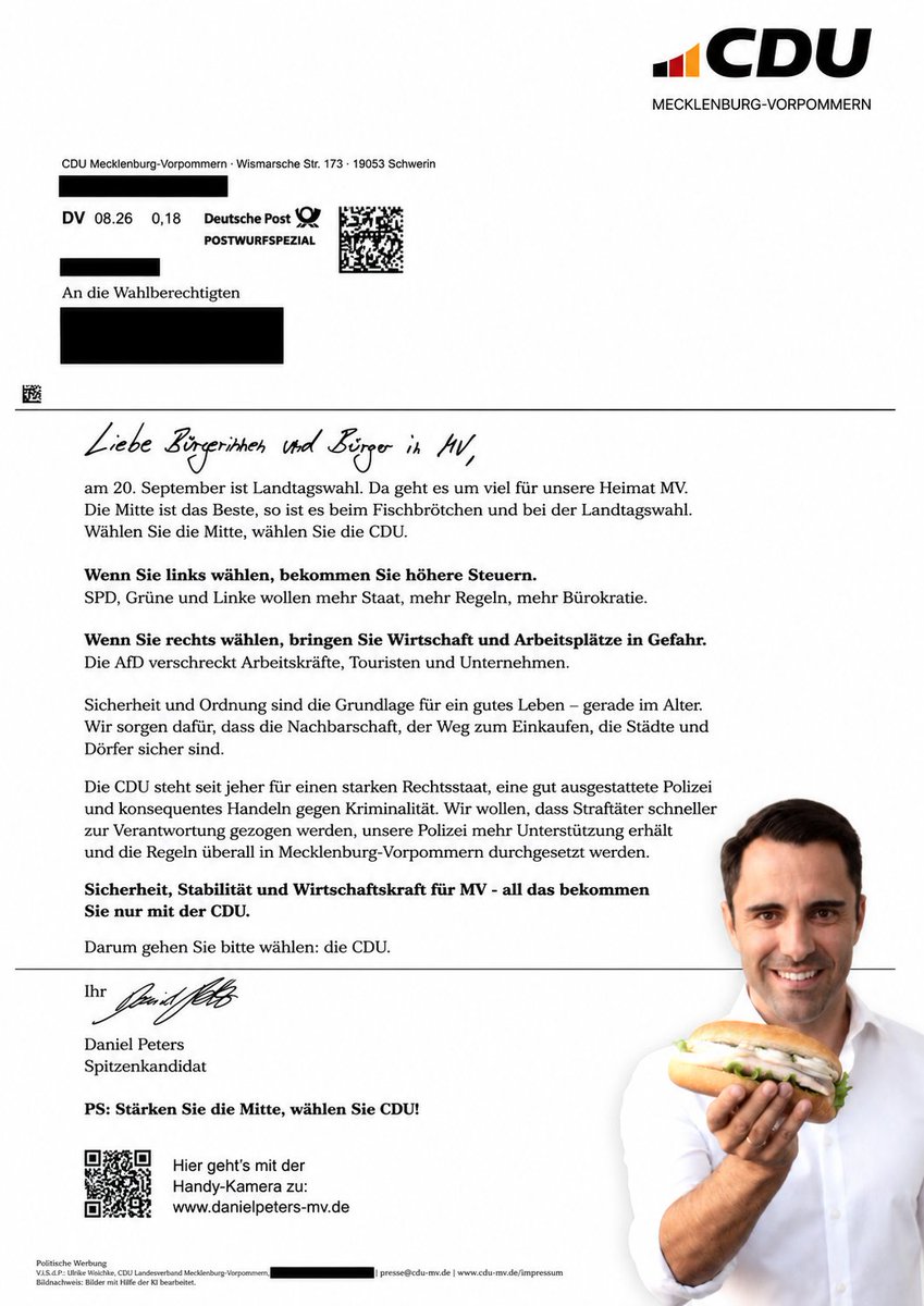 AndreN1885's tweet photo. Die CDU warnt vor „links“ und vor der AfD – und erklärt sich selbst zur einzig wählbaren „Mitte“.

Nur dumm: In Thüringen regiert die CDU mit SPD und BSW.

Vor der Wahl rechts blinken, nach der Wahl links abbiegen?
Das Fischbrötchen ist offenbar ehrlicher als die Wahlwerbung. https://t.co/If0PzPySoH