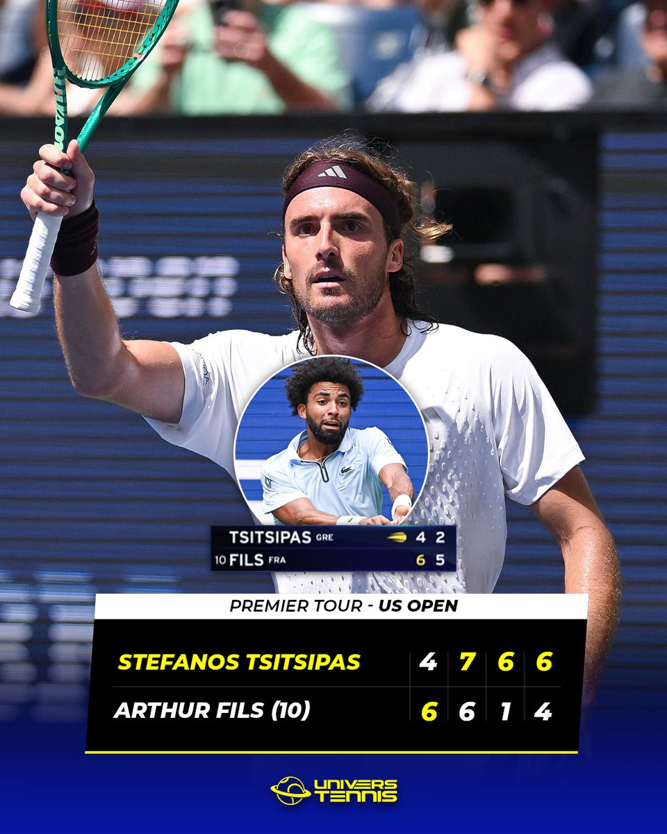 UniversTennis's tweet photo. 🚨 TSITSIPAS ÉLIMINE FILS 🇫🇷 AU PREMIER TOUR DE L’US OPEN 💥

Stefanos Tsitsipas décroche sa première victoire face au TOP 20 en Grand Chelem depuis plus de TROIS ANS en s’offrant le n°11 mondial Arthur Fils.

Grosse déception pour le n°1 français après son titre à Cincinnati…