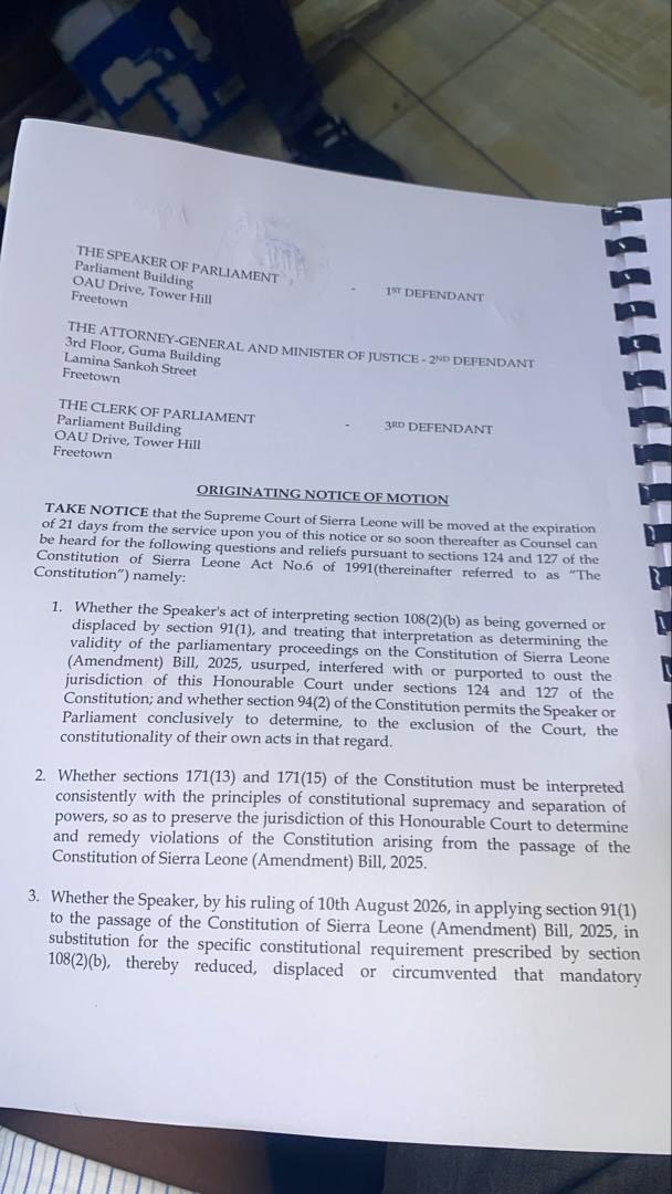 AdyMacauley's tweet photo. APC Legal Team files in Supreme Court to challenge Speaker’s 10 Aug 2026 ruling purporting to pass Constitution Amendment Bill 2025.

On behalf of APC, Hon. Abdul Kargbo MP & Hon. Daniel Koroma MP — Defendants: Speaker, AG & Clerk of Parliament.

Those who hold power under the Constitution must submit to the Constitution. We stand for constitutional supremacy.

#APC #DefendOurConstitution #Section108 #SierraLeone