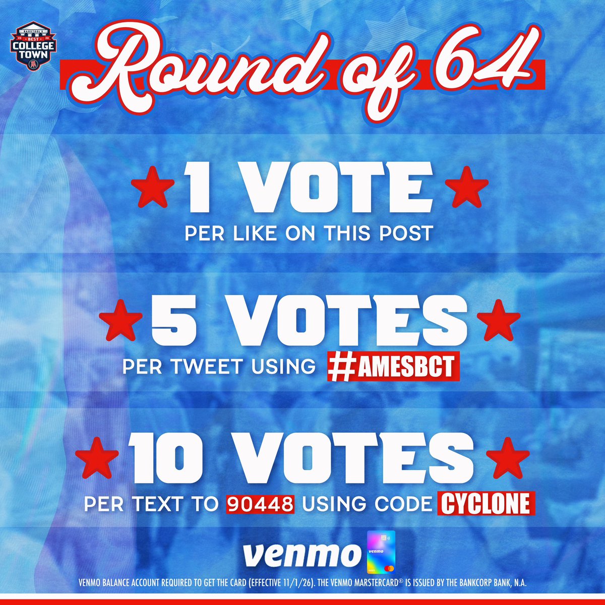 BarstoolISU's tweet photo. 🚨AMES NEEDS YOUR VOTE 🚨
Best College Town Round of 64 is officially LIVE!
⏰ Voting closes Thursday at 11:59 PM EST
Presented by @venmoPresented by @Venmo https://t.co/AUh72eLhFW