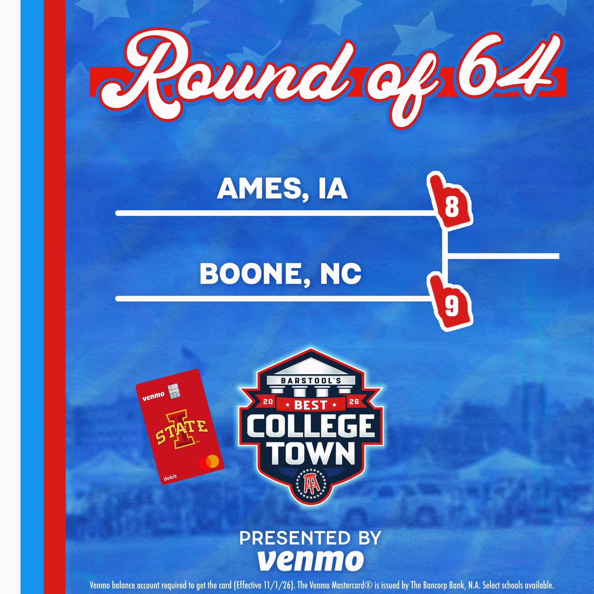BarstoolISU's tweet photo. 🚨AMES NEEDS YOUR VOTE 🚨
Best College Town Round of 64 is officially LIVE!
⏰ Voting closes Thursday at 11:59 PM EST
Presented by @venmoPresented by @Venmo https://t.co/AUh72eLhFW