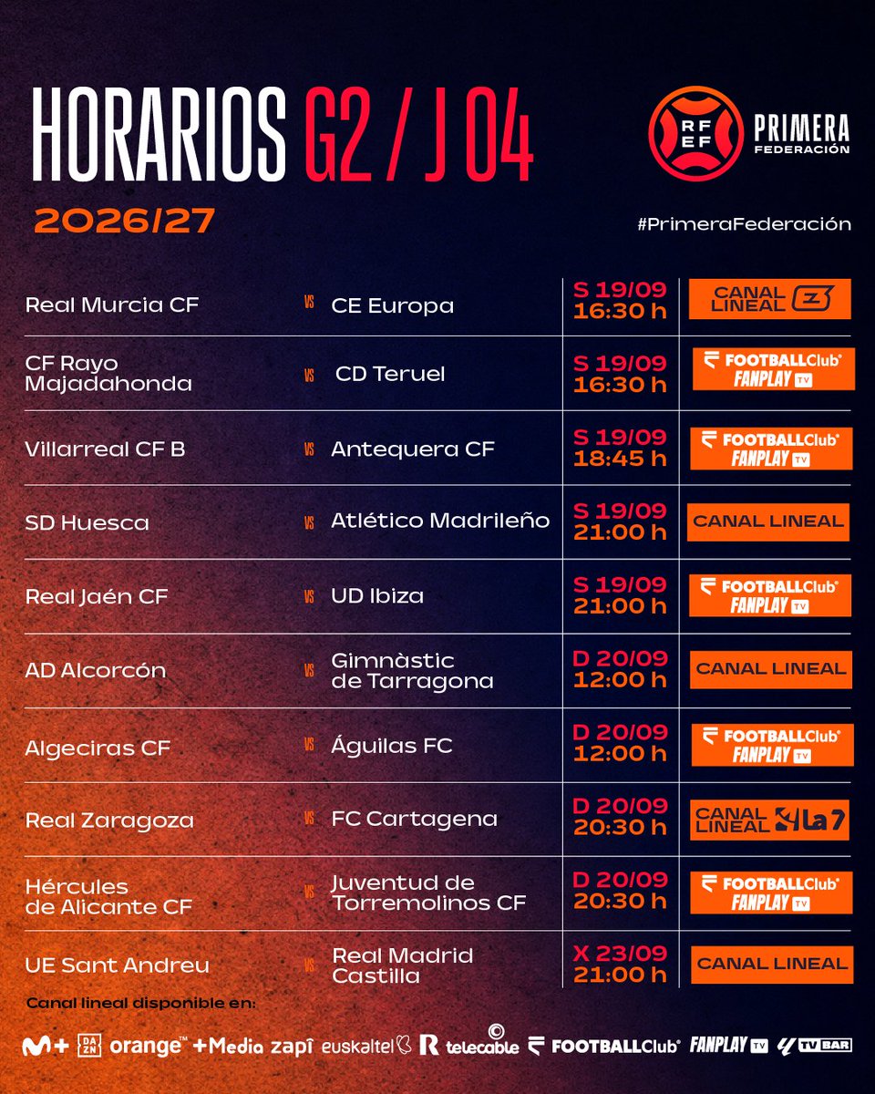 Primera_RFEF's tweet photo. 📺 𝗛𝗢𝗥𝗔𝗥𝗜𝗢𝗦 𝗬 𝗧𝗘𝗟𝗘𝗩𝗜𝗦𝗜𝗢𝗡𝗘𝗦 | 𝗝𝗢𝗥𝗡𝗔𝗗𝗔 �� ��� 𝟰

#PrimeraFederación https://t.co/E7ne8hYOOU