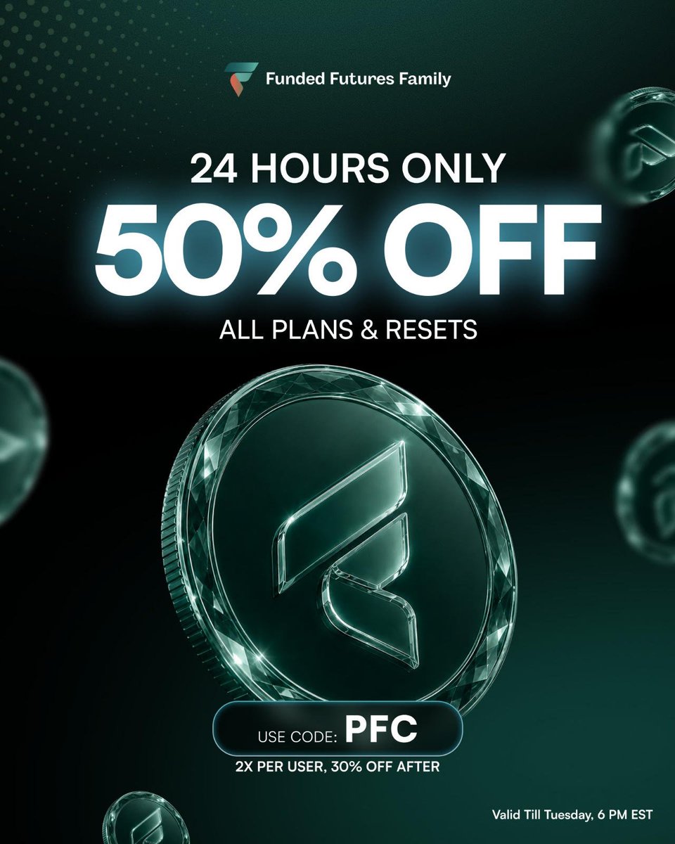 PropFirmsCmpd's tweet photo. 🧩 5 x $50k Premier Evals with @fundedfamily 
First 500 Comments or 24hrs Only

Not feeling lucky? 🍀
Use code PFC
50% Off all Accounts and Resets
Treat yourself - https://t.co/x0N0OsBps8 🔗

🚨 Offer ends in 24hrs 🚨

We're celebrating listing Funded Futures Family with a flash 24hr sale that won't be back ⚡️

50% OFF for 24hrs - Offer ends Tues 1st Sept 6pm EST

Comment below what you like most about this Firm and its challenges 👇
