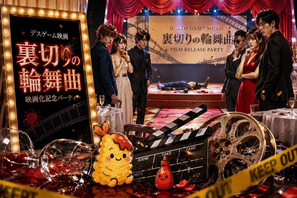 tenpuraketchup's tweet photo. #マダミス募集
🚨残2席🚨
10/12(月祝)16:30〜

🎬映画のパーティーで、まさかの殺人事件！？
『裏切りの輪舞曲』

マダミス.jpで700人以上がプレイ！
⭐268件の評価で★4.1！
グループSNEの超盛り上がる人気作です🔥
映画監督、女優、アイドル……
曲者ぞろいの芸能人たちの思惑が交錯！

推理×駆け引き×裏切りを楽しもう！
🙌初参加歓迎
💰約240円

https://t.co/zjOWcRsslF