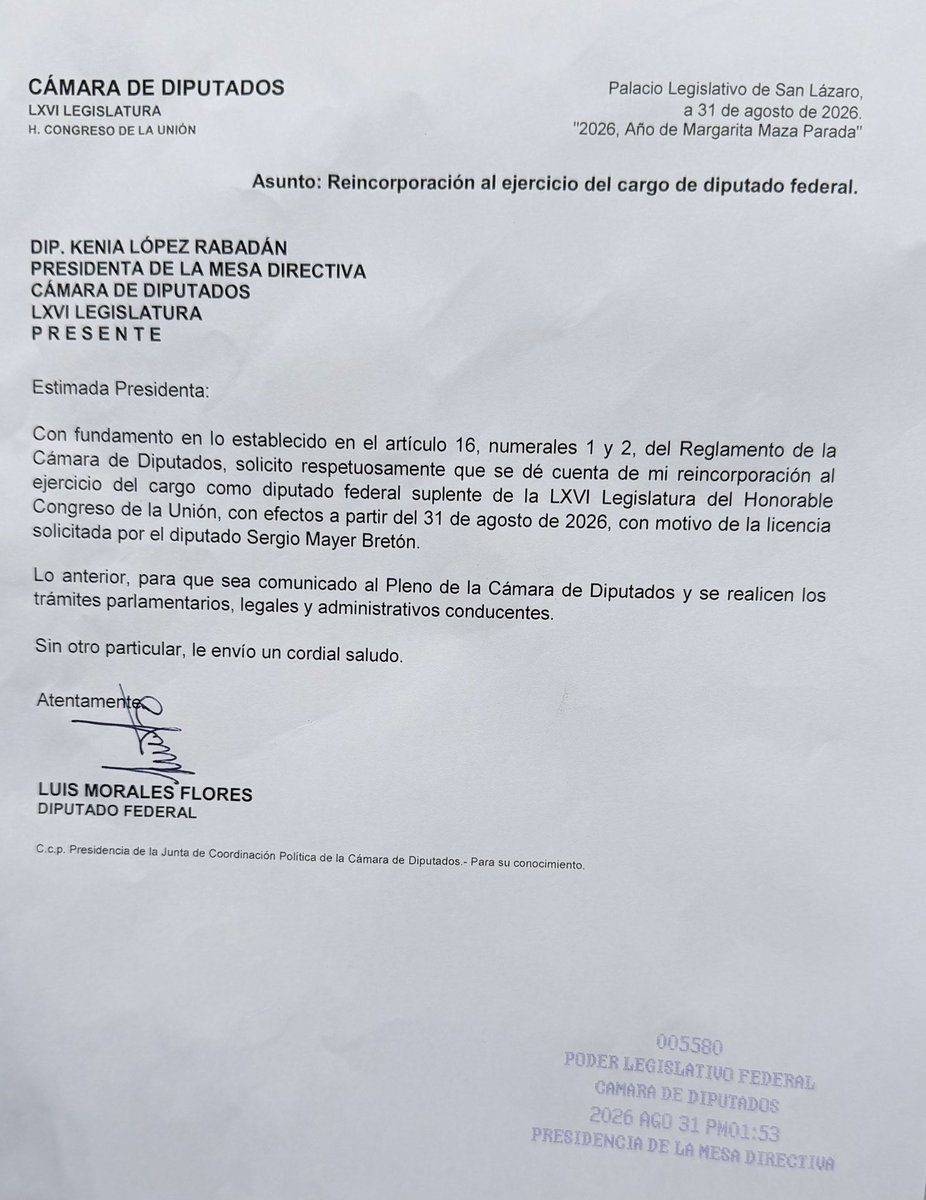 MoralesFloresL's tweet photo. Derivado de la licencia otorgada al diputado @SergioMayerb, me reincorporo, por segunda ocasión, a las actividades legislativas de la Cámara de Diputados. 

Asumo esta responsabilidad con seriedad y convicción: el compromiso con el pueblo es permanente.

Jamädi. 🙏🏽❤️‍🔥 #DiputadoLegitimo #Sheinbaum #4T #DiputadosMorena #PorLaDefensaDeLaSoberanía
