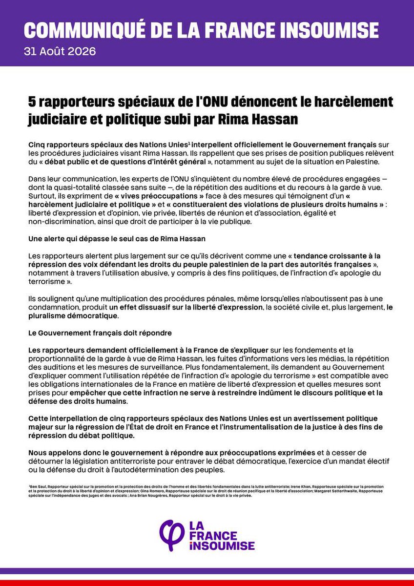 FranceInsoumise's tweet photo. 🔴 5 rapporteurs spéciaux de l'ONU dénoncent le harcèlement judiciaire et politique subi par Rima Hassan. 

Retrouvez le communiqué de La France insoumise : https://t.co/WBCBTzPaJd https://t.co/XKGaXH7nQu