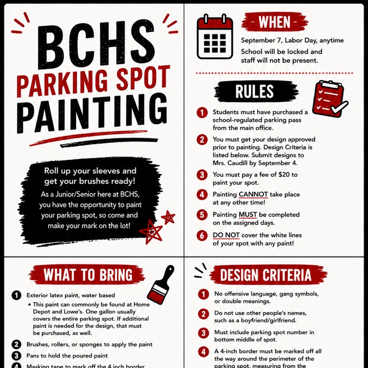 BravesBCHS's tweet photo. Parking spot painting information. https://t.co/gGiJNvhniy
