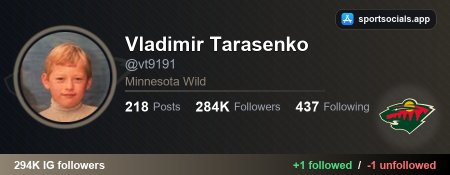 NHLFollowTrack's tweet photo. 👀 Vladimir Tarasenko had new Instagram activity:

Followed:
✅ markbesed — Mark Besedin
🔗 https://t.co/hJLjYmBqjo

Unfollowed:
❌ minnesotawild — Minnesota Wild
🔗 https://t.co/Q1JEYbjK6m

#MNWild #NHL https://t.co/AB9L9FsNp6