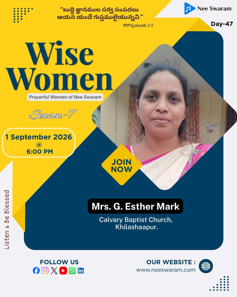 nee_swaram's tweet photo. Wise Women – Season 7
Day 47 | Tuesday, 01 September 2026

*Speaker: Mrs. G. Esther Mark Garu.*
*Khilashaapur.*

Listen to the Wise Women Program every day at 6:00 PM on Nee Swaram Radio.

Be blessed as you listen.

Pray, participate, and support.

Stay tuned to Nee Swaram🎙️ https://t.co/eNvXCmYNYN