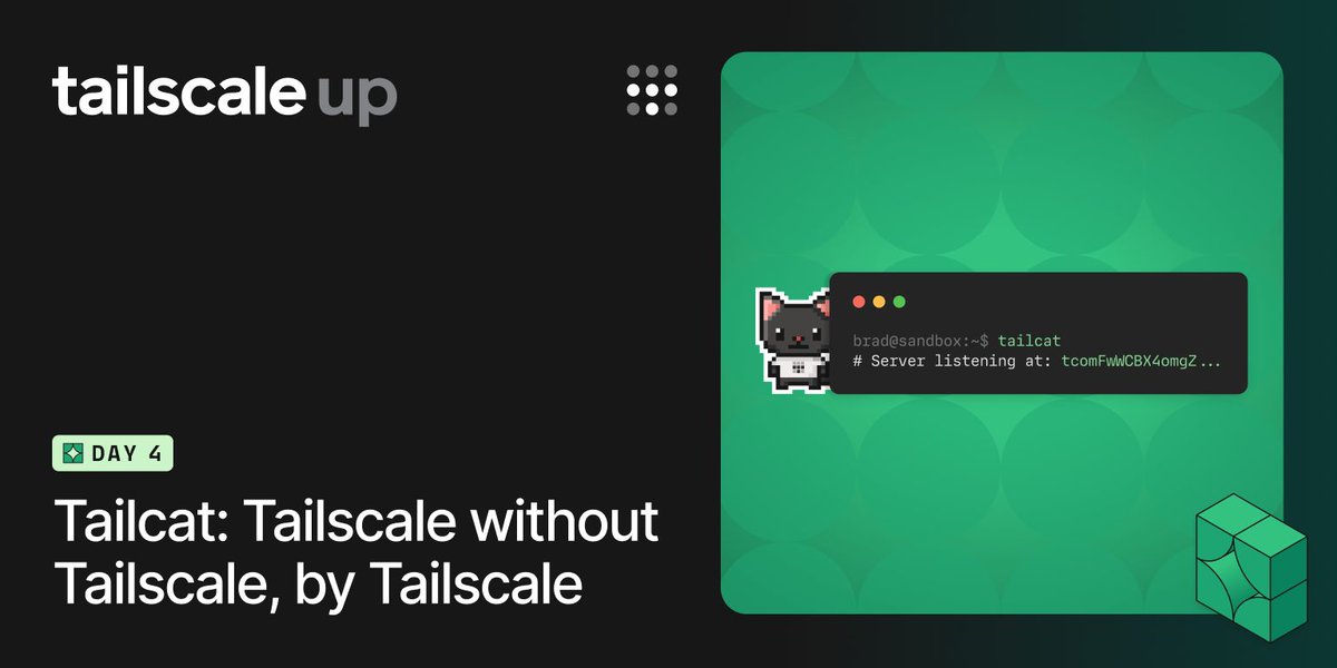 Tailscale's tweet photo. Tailscale without Tailscale, by Tailscale. Meet tailcat.

tailcat is an open-source Go package and CLI that lets you use Tailscale’s data plane without the control plane. No accounts, logins, admins, or IPs to manage.

Learn more → https://t.co/wcYZFxJbew https://t.co/SfojJfZ5Lu