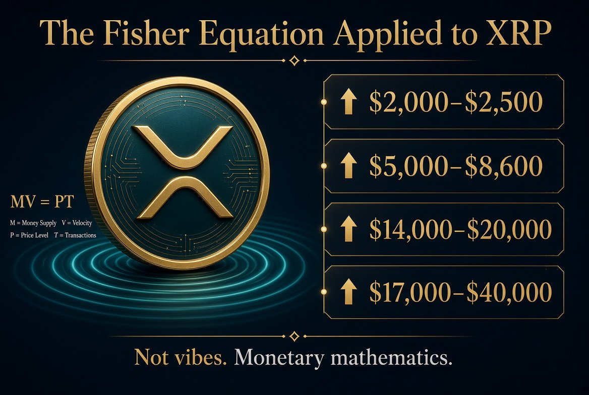 Olesya_elegant's tweet photo. I did the math on ripple:native price. The results broke my brain a little

This is not a price prediction from some crypto influencer. An actual mathematical analysis using economic formulas from one and two centuries ago. The same formulas economists use to calculate the value of monetary assets. Not charts. Not vibes. Math.

The core formula is called the Fisher equation. You probably never heard of it but every serious economist knows it. It basically says that the price of a monetary asset is determined by how much economic value flows through it, divided by how many units exist, adjusted by how fast those units change hands per year. That last part is called velocity.

What happens when you apply this to XRP and you use real institutional numbers.

If 30 trillion dollars per year flows through the XRP network in institutional transactions, and each token only changes hands half a time per year because banks are holding them as collateral, and there are only 10 billion tokens available to absorb all that traffic…

The math gives you $6,000 per XRP.

And that is the conservative scenario. Like the most boring one.

I know. I had the same reaction. But the logic gets even more brutal.

The thing most people get completely wrong is thinking that more usage means more movement. It doesnt. When a bank uses XRP as collateral for 20 simultaneous operations it doesnt move between owners. It stays in the same custody account. The bank uses it but it doesnt go anywhere. So the token works harder but moves less. In economic terms velocity goes down even as processing capacity goes up. And lower velocity plus same volume plus less available supply equals price going up mechanically. Nobody decides this. The system forces it.

So here is the full price ladder this framework produces.

First 3 months after the Clarity Act gets signed. Banks start using XRP internally for treasury settlement. Not public yet. Internal pilots, capped channels, transfers only between entities of the same group. Price range in this phase is somewhere around $2,000 to $2,500.

From 3 to 6 months. The channels go semi public. Dollar to Mexican peso. Dollar to Indian rupee. Euro to pound. Liquidity providers start holding XRP structurally not just tactically. Velocity collapses. Available supply compresses dramatically. Price moves to $5,000 to $8,600.

From 9 to 15 months. Forex desks integrate XRP highways. Banks start reducing their nostro and vostro accounts which have 27 trillion frozen in them right now according to BIS documents. The reuse multiplier activates. At this point the price curve stops being linear. Range is $14,000 to $20,000.

After 18 months. Between $17,000 and $40,000 per token. When derivatives start settling on the network the ceiling moves toward $44,000 and $66,000 but that is outside the 18 month window so the analysis doesnt go there.

Why is the price one dollar if this math is real?

Because there is one piece missing.

The Clarity Act is not signed yet. Without it the compliance departments of banks cannot legally approve XRP as institutional collateral. Not because they dont want to. Because their legal teams wont sign off without a regulatory framework that defines what XRP is under federal law. The same reason a bank couldnt hold mortgage backed securities before the laws defining them existed.

The Clarity Act doesnt create the utility of XRP. That utility is already built and already running. JPMorgan already settled a live transaction on XRPL in May. Guggenheim already has Moodys Prime-1 rated commercial paper settling on XRPL. The DTCC already has Ripple Prime inside its clearing participant directory with code 0443. The infrastructure is there.

What the Clarity Act does is give the legal permission slip to turn it on at full scale.

And when it turns on the traffic doesnt grow slowly. It jumps. Because we are not in a stable world where banks can afford to wait. Hormuz has been closed 99 days. The nostro vostro model is breaking under geopolitical stress. The petrodollar is fragmenting. In a stable world banks tolerate trillions frozen in correspondent accounts, slow settlement, friction in forex, delays of several days. In a crisis world all of that becomes a fatal weakness. Banks dont wait for perfect regulation when the system is breaking. They move toward what works.

And XRP works.

The Clarity Act is on the Senate calendar since June 1st under Order Number 423. One scheduling decision by the Majority Leader and it goes to a floor vote.

When that happens the ladder doesnt go up slowly. It goes vertical. Not because someone says so. Because the Fisher equation applied to the volume that needs to flow through the network doesnt leave another mathematical option.

Verify the formula yourself. Fisher equation. Free in any monetary economics textbook for 100 years. The volume assumptions are the same ones the BIS and IMF use in their public documents. Everything checkable.

The numbers will come. The timing is uncertain. The direction is not. No Financial advise