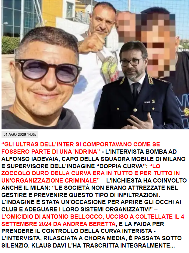 Fabio_Wallys's tweet photo. Questo passaggio meriterebbe molta più attenzione.
Alfonso Iadevaia, capo della Squadra Mobile di Milano e supervisore dell’indagine Doppia Curva, afferma che lo “zoccolo duro” della #CN69 dell’ #Inter si era trasformato in una vera organizzazione criminale, con dinamiche «del tutto simili» a quelle di una ’ndrina.
Aggiunge un altro elemento: secondo le verifiche disposte dalla Procura, Inter e Milan avevano sistemi organizzativi inadeguati a individuare e prevenire queste infiltrazioni. (Il Milan pero' non aveva infiltrazioni mafiose).
Non sono opinioni banali. 
Parla chi quell’indagine l’ha diretta.
Perché una vicenda di questa gravità continua ad avere un peso mediatico così limitato nel dibattito sul calcio italiano?
Hanno tutti paura di parlare?
#Mafia #Inter #CN69 #DoppiaCurva