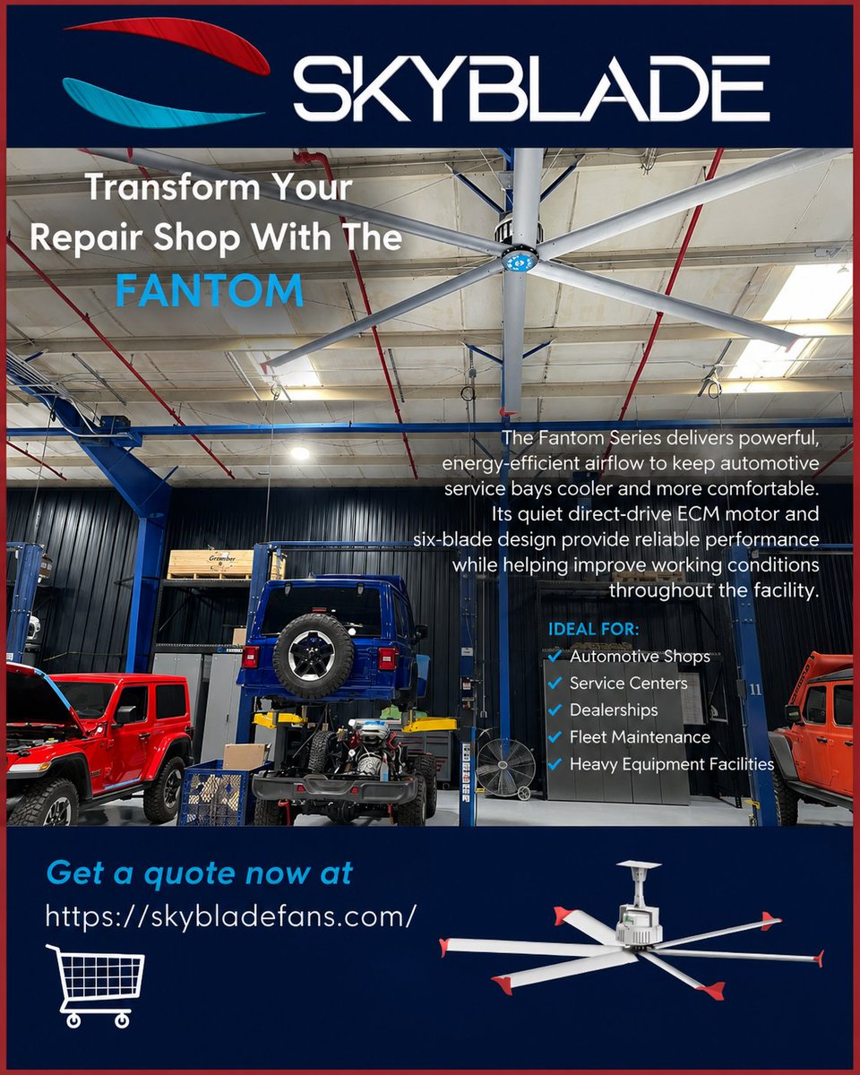 SkyBladeFans's tweet photo. The airflow your shop has been missing. #AutoRepairShop #EnergyEfficient #SkybladeFans https://t.co/VXjVo2c248