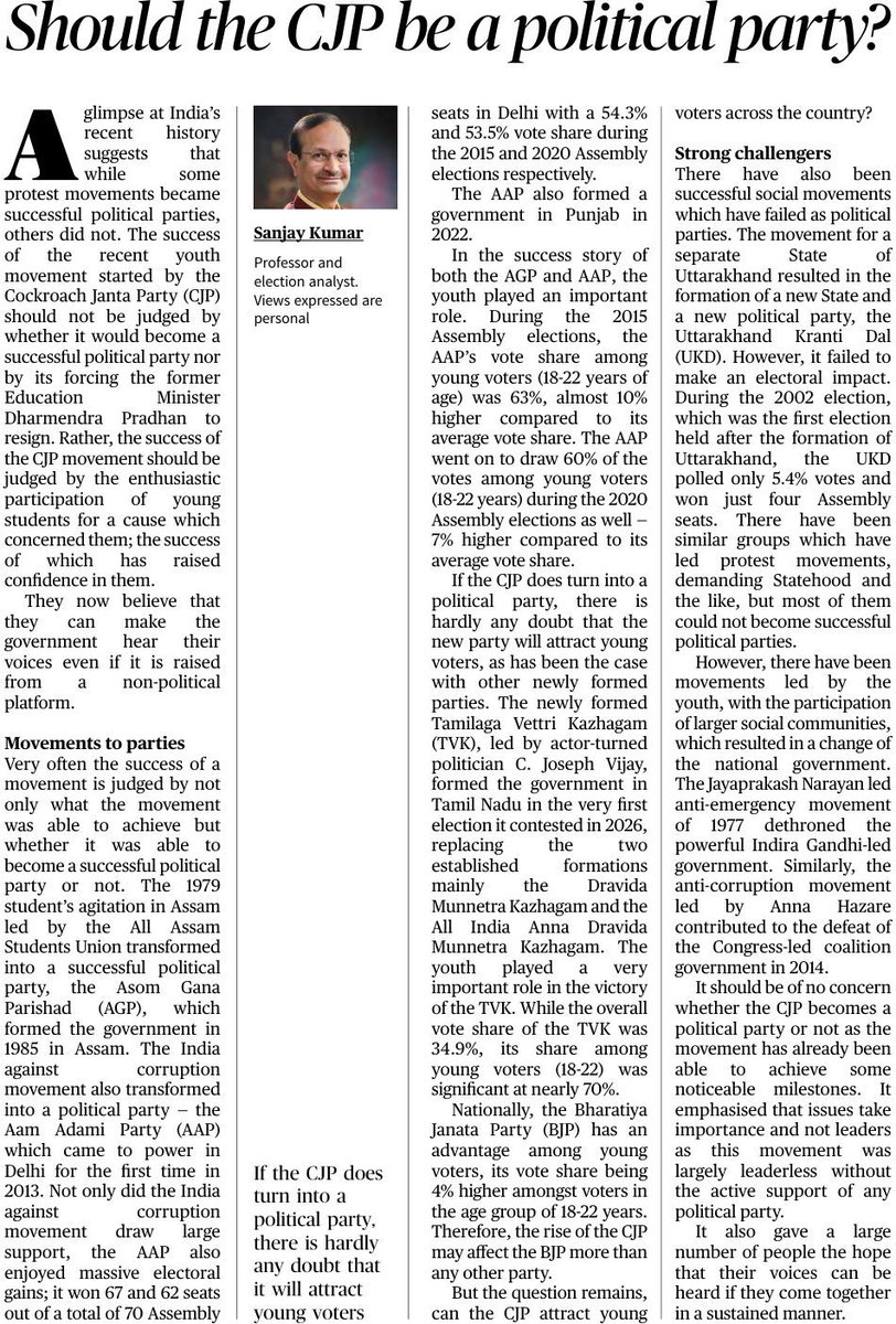 ShivamObserves's tweet photo. In his brilliant article, CSDS's Sanjay Kumar explores the scope of #CJP becoming a political party. However one should keep in mind that democracy doesn't functions through Parliament &amp; elections. Civil society is equally a crucial entity in this process. (1/4) https://t.co/RzpaduCOV4