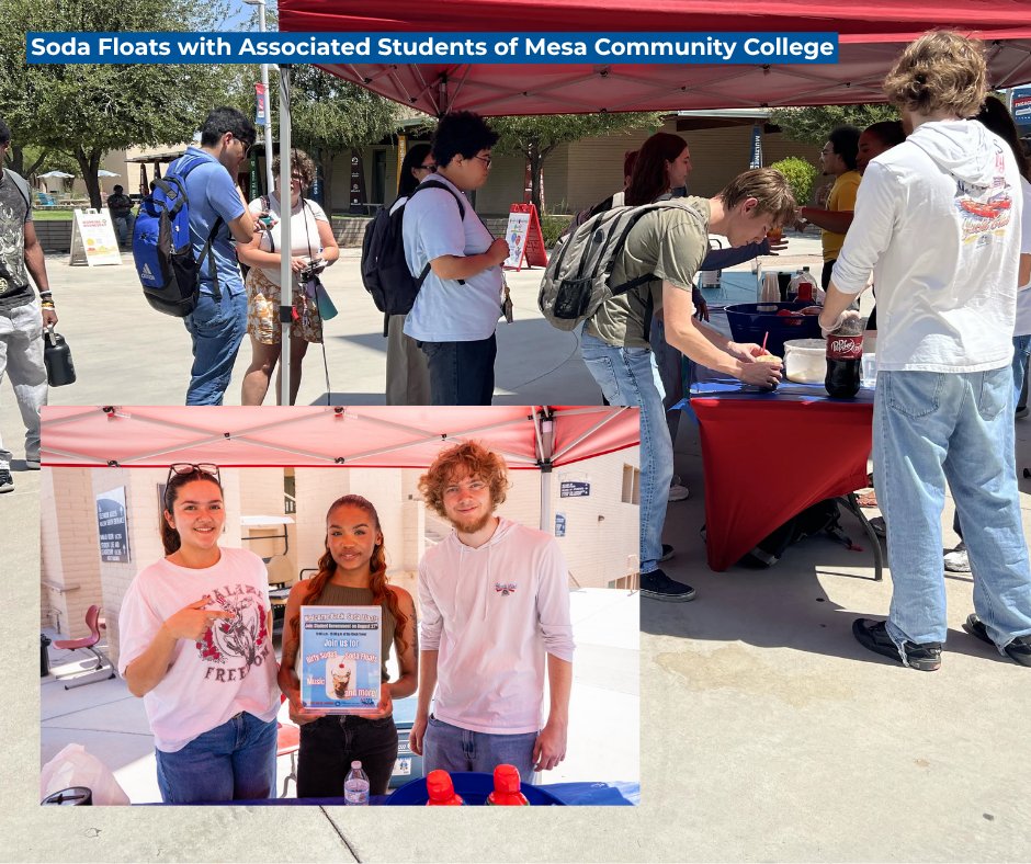 mesacc's tweet photo. Campus was buzzing last week! ⚡ Welcome Week brought students together at both campuses with welcome booths, soda floats more. The week continued with the VPAA Part Two Summit, while MCC student government presented at their Governing Board meeting. https://t.co/Sjl02MJTZc