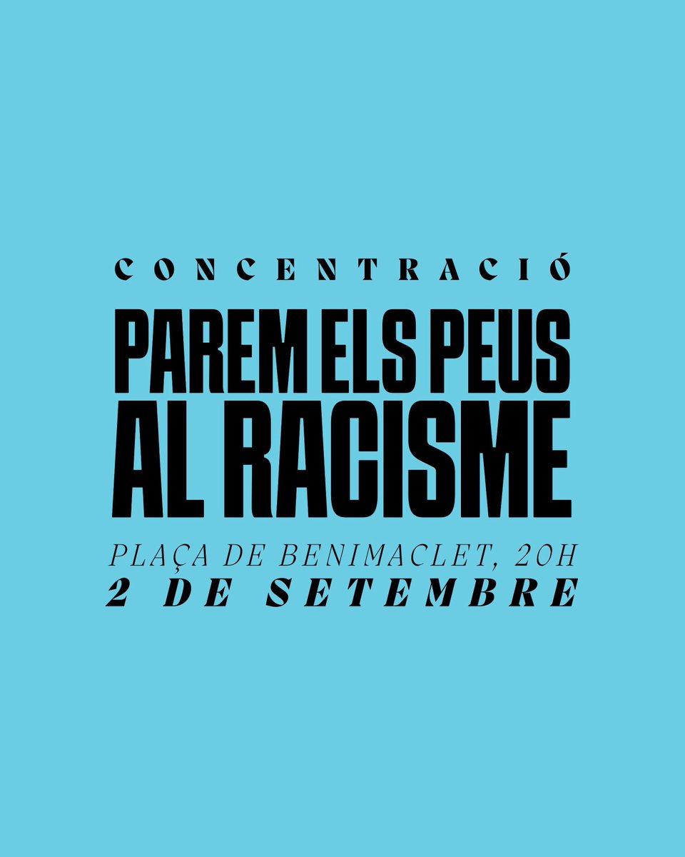 SdHValencia's tweet photo. 🔵 PAREM ELS PEUS AL RACISME
 
El pròxim 2 de setembre hi hauran convocades concentracions contra les treballadores migrants a Ceuta. No permetrem més violència racista a les nostres ciutats!

📆 2/9
🕜 20h
📍Pl. de Benimaclet

Contra els atacs racistes, unitat de classe! https://t.co/vivSNoNijc