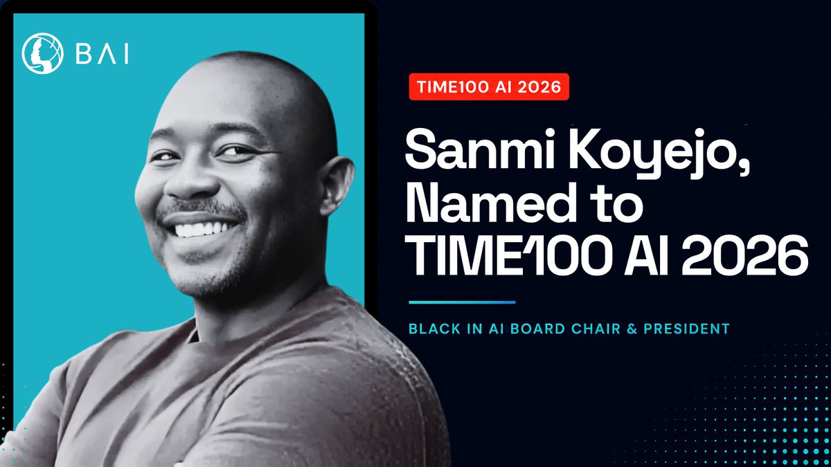 black_in_ai's tweet photo. Black in AI is proud to celebrate Sanmi Koyejo, our Board Chair and President, on being named to the TIME100 AI 2026, TIME’s annual list recognizing the people shaping the future of artificial intelligence. https://t.co/BfQ9NhDOBW https://t.co/2LJShNWv0A