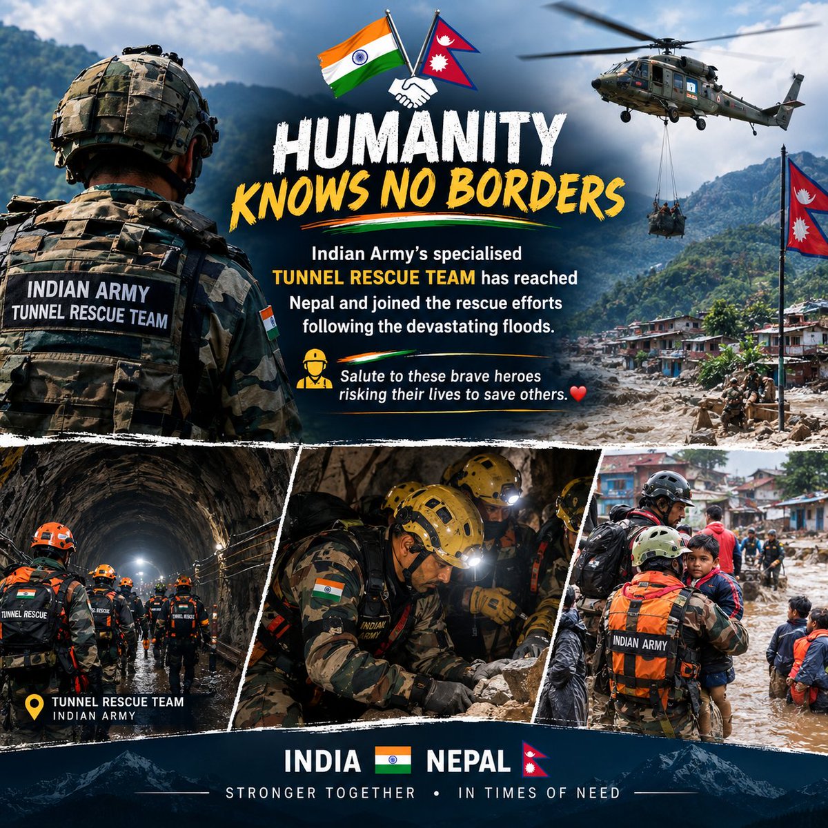 Apu8902's tweet photo. 🇮🇳🤝🇳🇵 Humanity knows no borders.

Indian Army’s specialised tunnel rescue team has reached Nepal and joined the rescue efforts following the devastating floods.

Salute to these brave heroes risking their lives to save others. 🇮🇳❤️

#IndianArmy #NepalFloods #RescueOperation https://t.co/ZR3hXIwhl2