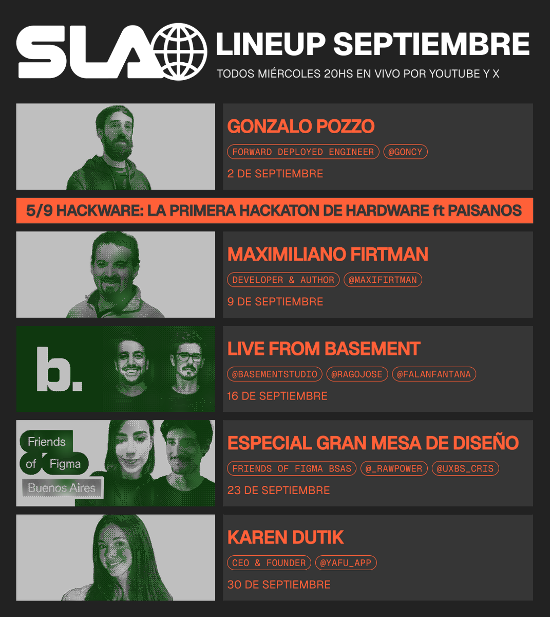 slatv_'s tweet photo. 🛎️ SEPTIEMBRE en SLA

. 2/9 @goncy de @vercel 
. 5/9 HACKWARE junto a @paisanos_io 
. 9/9 nos visita @maxifirtman 
. 16/9 LIVE desde @basementstudio en Mar del Plata
. 23/9 Especial de diseño con Friends of @figma , @_rawpower y @uxbs_cris 
. 30/09 @DutikKaren de @Yafu_app https://t.co/56dKQqxEeq