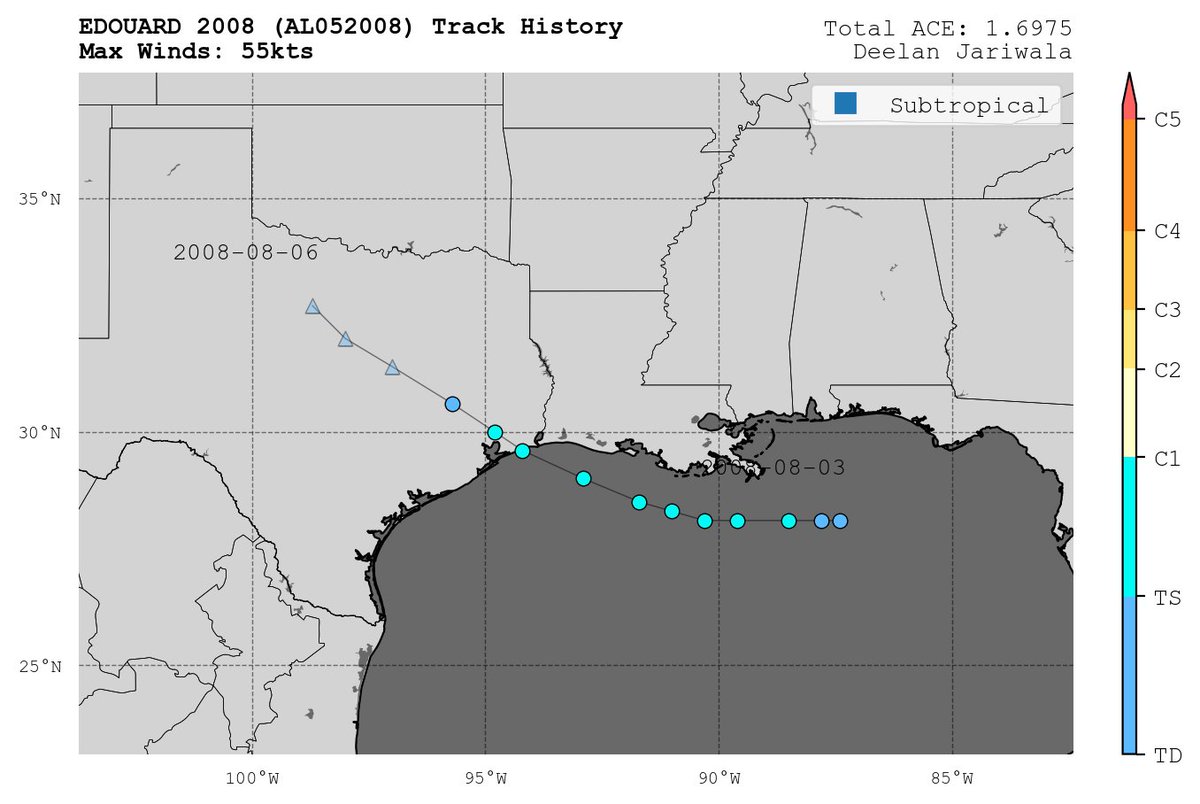 WeathermanAAA_'s tweet photo. A pretty good analog for newly minted Tropical Depression #05L Is coincidentally Edouard of 2008. https://t.co/SXRFO7pJXP