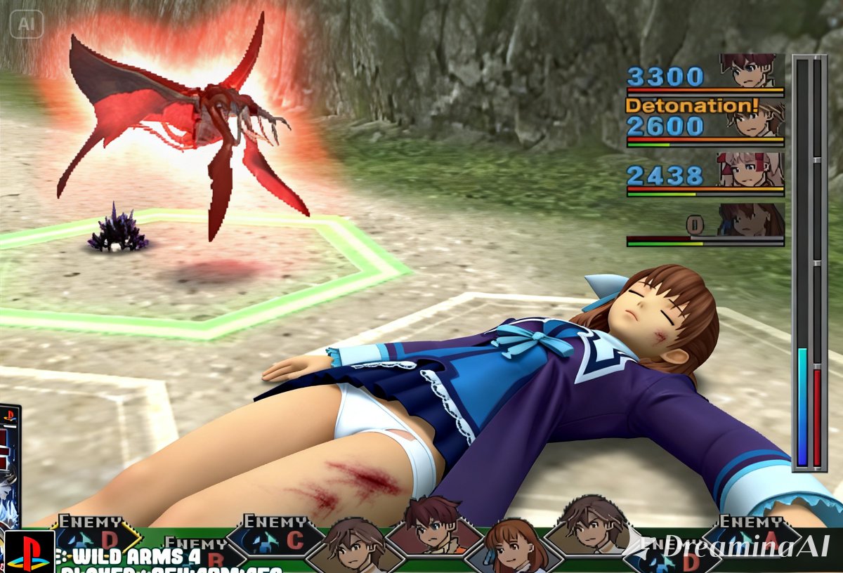 prasetya_j93824's tweet photo. Yulie Ahtreide Wild Arms 4 ワイルドアームズ ザ フォースデトネイター is down Ko at floor game Over Ryona リョナ. Her Beautiful white panty パンチラ is seen when she lying on the floor at her blue dress She looks kind a shy and kind girl #rpggame #ryonas #sonycomputerentertaintment #xseedgames #パンツ #playstation2