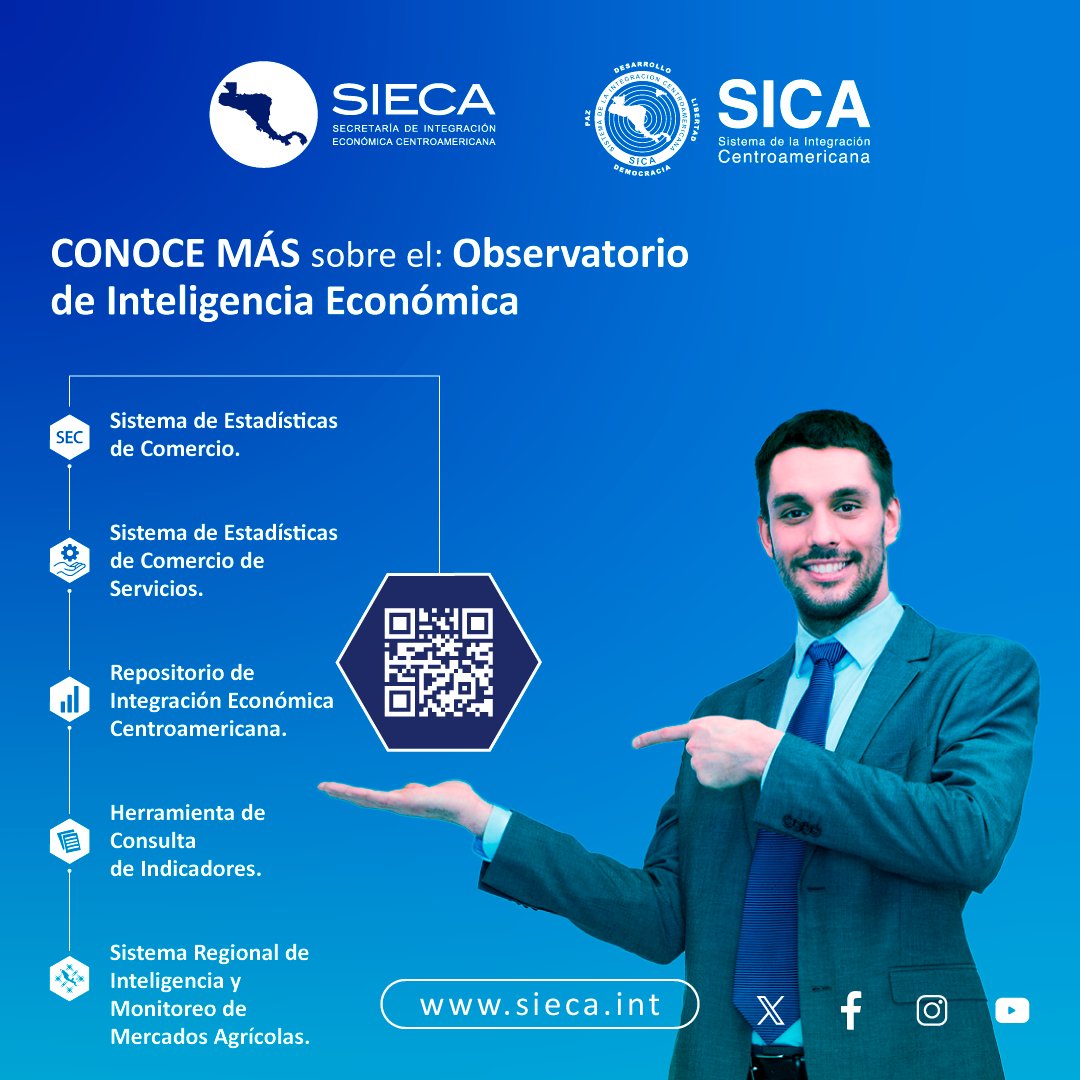 sg_sieca's tweet photo. ¡Descubre el Observatorio de Inteligencia Económica! 🔍 
 
Sistemas de Estadísticas de Comercio y Servicios 📊 
Repositorio de Integración Económica Centroamericana 📚 
Herramienta de Consulta de Indicadores 📈 
Sistema Regional de Inteligencia Agrícola 🌾 
 
Mas información: https://t.co/HBwo2yUYMP 
 
#ObservatorioIntelligencia #DatosEconomicos #IntegracionCentroamericana