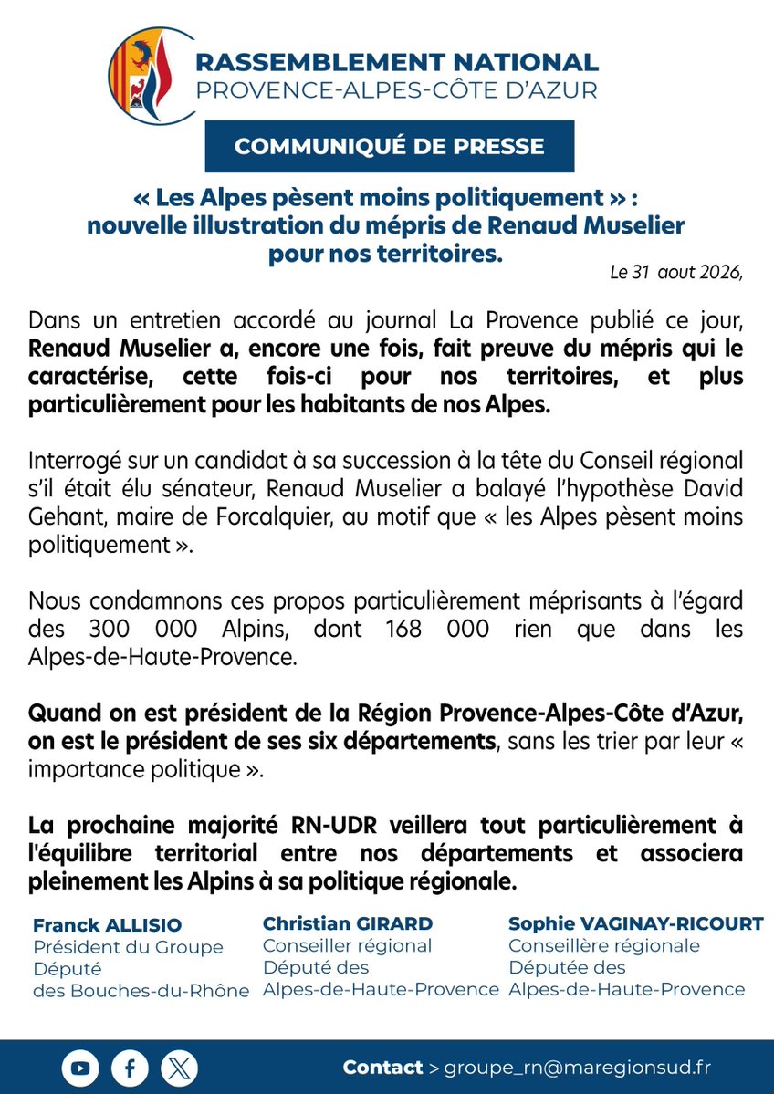 rn_paca's tweet photo. 🏔️ « Les Alpes pèsent moins politiquement. »

Pour Renaud Muselier, certains territoires comptent visiblement moins que d’autres.

Avec la future majorité RN-UDR, aucun département ne sera laissé de côté !

➡️ @franckallisio @C_GirardRN @SophieVaginay https://t.co/i5WmxwTqFo