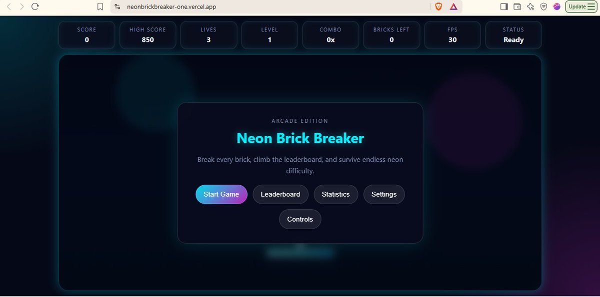 LovethDev's tweet photo. Developed Neon Brick Breaker, an interactive arcade game featuring real time gameplay, scoring system, levels, and smooth animations.

Tech Stack: React • TypeScript • JavaScript • Canvas https://t.co/7dX9ePf1lI