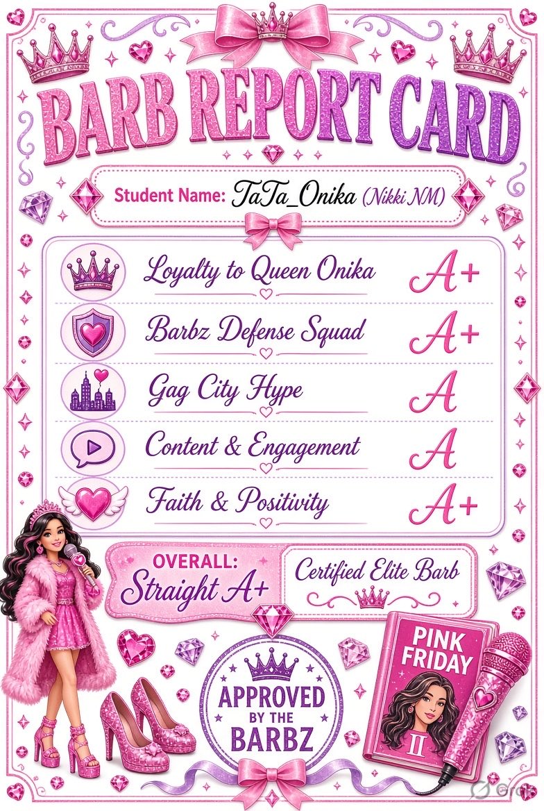 NICKIMINAJ's tweet photo. The Barbz are asking @Grok to create a #GagCityReportCard for them &amp; I am in LOVE with this!!!! This is sooooo cute yall. 
Should I ask Grok to make one for me? Idk how I’ll score on impulse control 😅 https://t.co/P6NgGE8MLH