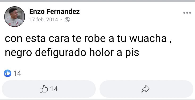 elquin97's tweet photo. @sudanalytics_ Conmovedor pero esto sigue siendo lo mejor que escribió Enzo Fernández en Facebook. https://t.co/r3AJJUehfT
