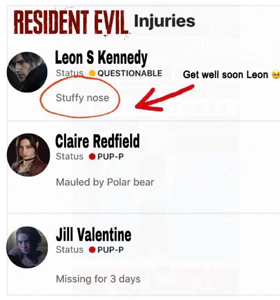 fogvalentine's tweet photo. genuinely how ppl are moving saying leon’s been through worse than jill or whatever https://t.co/JOSye2H3qn