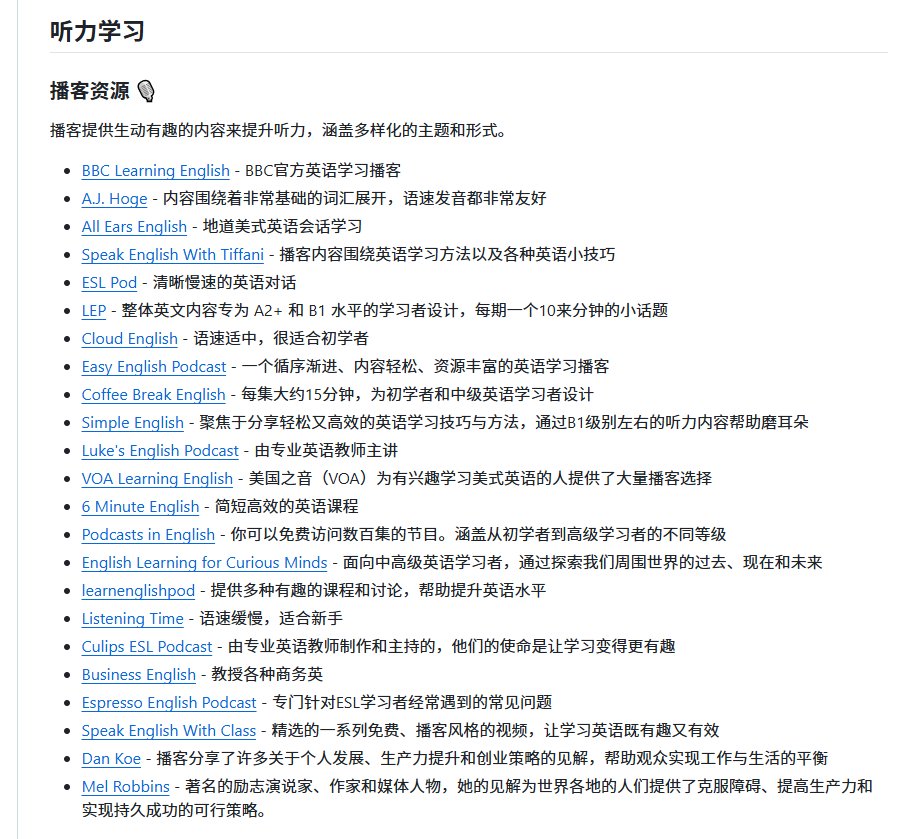 XAMTO_AI's tweet photo. 中文圈学英语，收藏的往往是某个博主安利过。真正能每天打开的，其实就那几类入口。

知识分享官把常用资源收成 Learning English：听力、口语、视频、阅读、游戏、应试、儿童向分开列，中英双语 README，站点也能当导航翻。

1⃣ 听力：BBC、VOA、分级播客，科技访谈和脱口秀另开一栏
2⃣ 口语：语言交换、外教平台、AI 语音对话、舌位图

3⃣ 视频：教学频道、慢速输入、TED，按能坚持的选
4⃣ 阅读、网站、工具、网课收到后面，应试单独成章

5⃣ 电子游戏、社交媒体当沉浸材料，不假装自己在上课
6⃣ 儿童向单独一栏，家里有小孩能直接翻

🔗 https://t.co/EWZOVgfqVR