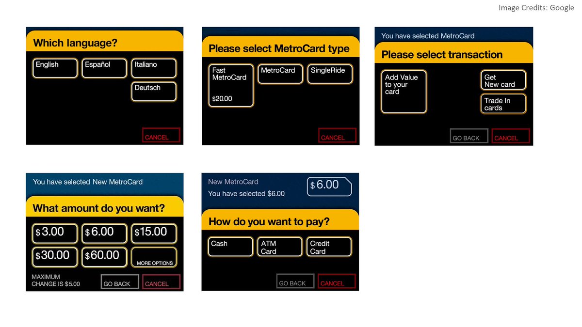 UltimaMachineUi's tweet photo. @POTUS 
@jdvance
@SecDuffy 

Buying fares via metro ticket machines is unnecesarily long and complex. This is because they still have an interface design concept te debuted with 30 years ago.

To get what they need customers have to transition through all of these: https://t.co/nOdGBrYicv