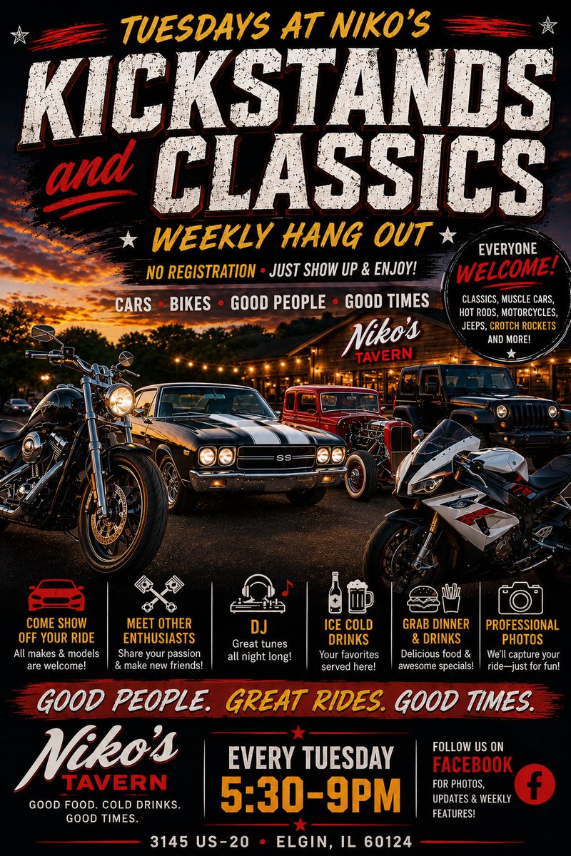 DuKaneABATE's tweet photo. Looking for something to do Tuesday night?

Come out to Kickstands &amp; Classics at Niko’s Tavern in Elgin and stop by to see DuKane ABATE!

📅 Sept. 1
⏰ 5:30–9 PM
📍 3145 US-20, Elgin

Motorcycles • Classics • Hot Rods • Jeeps

#DuKaneABATE #twill 🏍️🇺🇸 https://t.co/M4bWtB462S