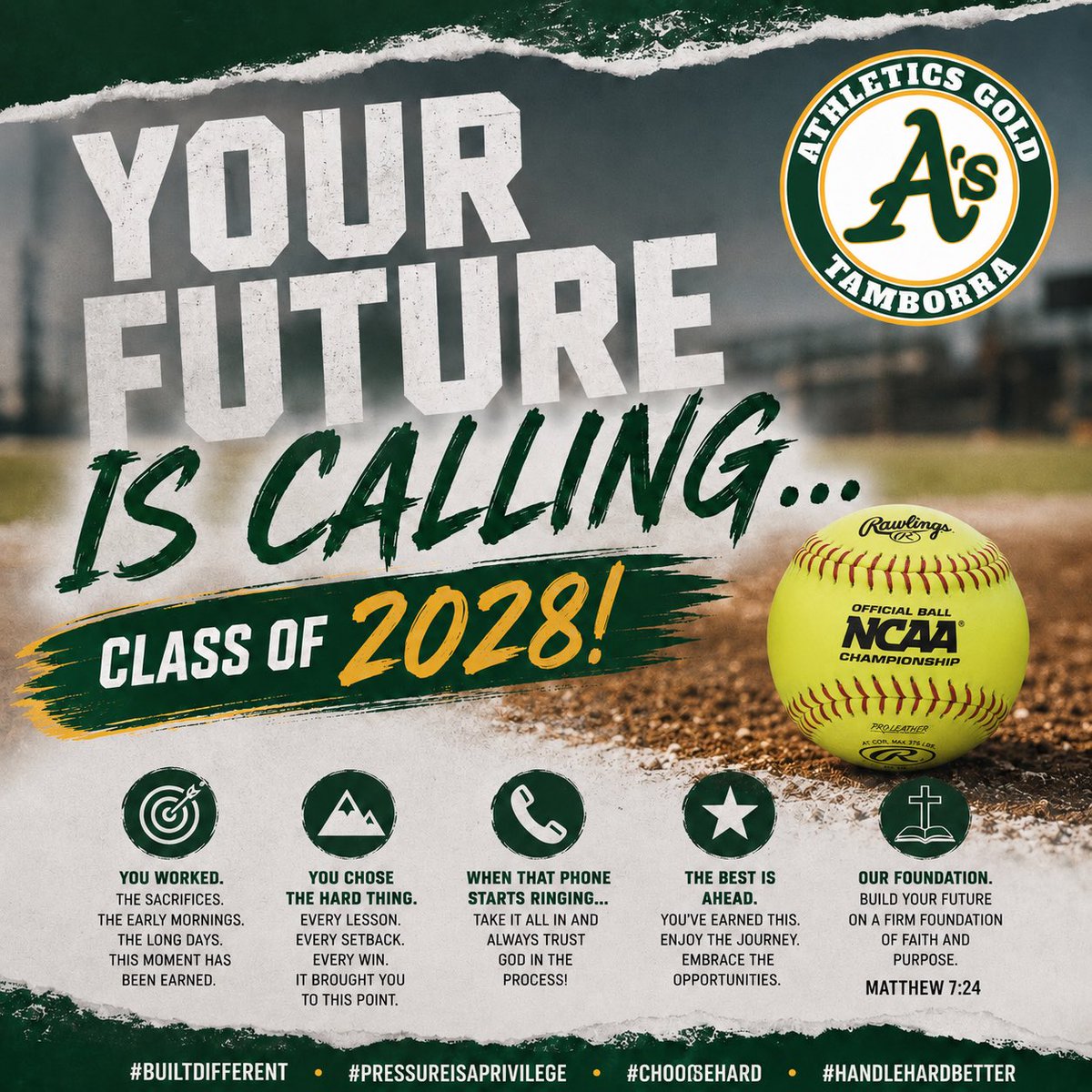 AGTamborra's tweet photo. YOUR FUTURE IS CALLING… CLASS OF 2028! 📞✨

September 1st is almost here and with it comes the beginning of an exciting new chapter for our Class of 2028 athletes!

To every player who has worked, sacrificed, competed, failed, learned, grown and kept showing up… this moment has been earned. The continued hard work pays off.

For some, the recruiting journey may move quickly. For others, the path may take a little longer or look completely different than expected. Don’t rush it. Don’t compare your journey to someone else’s. Enjoy the conversations, embrace the opportunities and take it ALL in. You’ve worked too hard to miss the beauty of this moment. 💚

You chose the hard thing. You weathered the storms of a game where failure is part of the journey every single day. You kept working when nobody was watching. Along the way there have been goals achieved, milestones conquered, battles won and lessons learned, and every one of them helped bring you to this exact moment.

So when that phone starts ringing… take it all in and always trust God in the process! 

We are incredibly excited for our AGT Class of 2028s and cannot wait to see where this next chapter leads! Your future is calling… ARE YOU READY? 💚

#BuiltDifferent #PressureIsAPrivilege #ChooseHard #HandleHardBetter