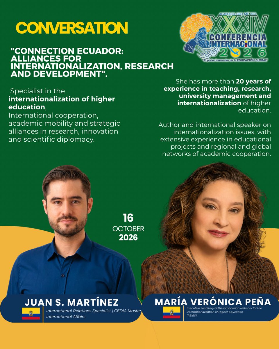 AMPEI1's tweet photo. CONVERSATORIO INTERNACIONAL
Conexión Ecuador: alianzas para la internacionalización, la investigación y el desarrollo, nos emociona reunir a dos destacados especialistas de Ecuador para compartir experiencias y perspectivas sobre los nuevos caminos de la cooperación internacional https://t.co/9Zw1JlL966