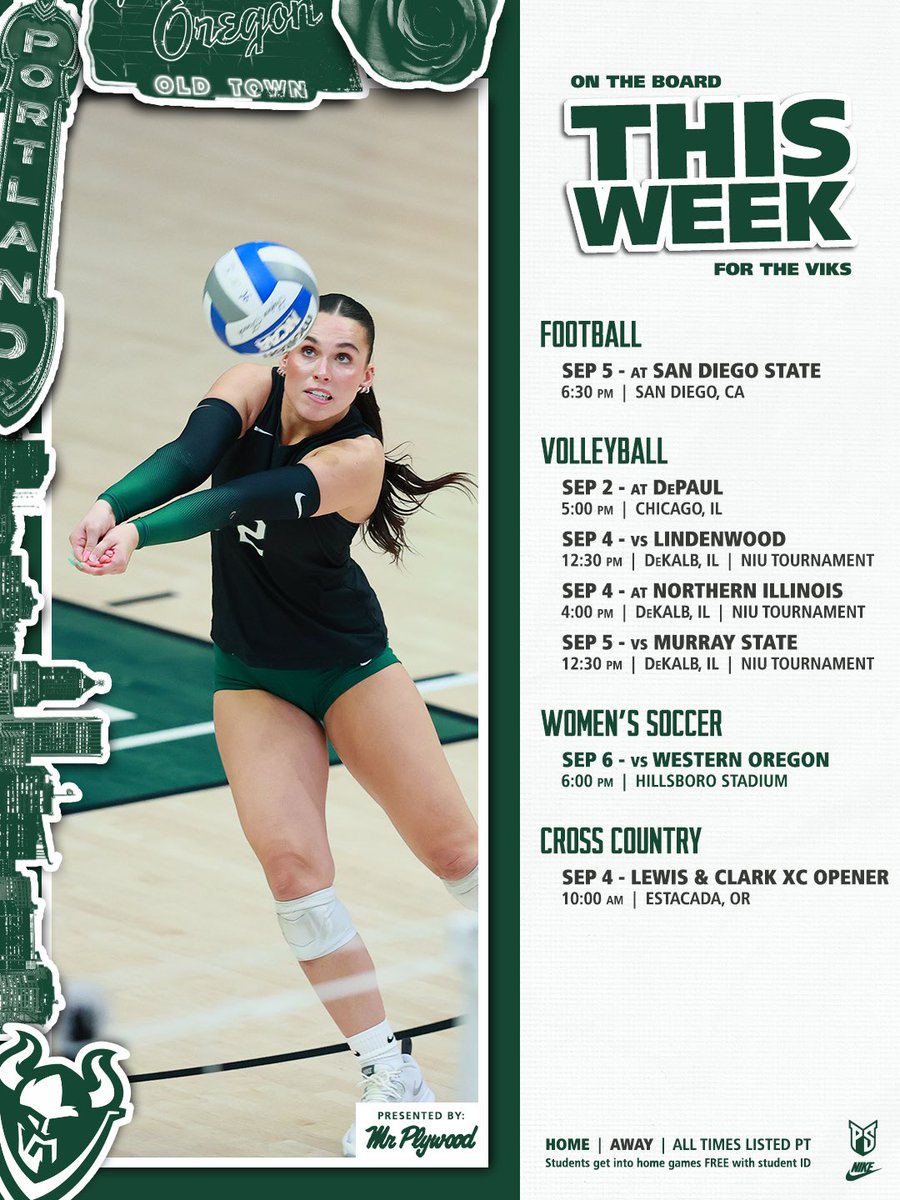 psuviks's tweet photo. What’s on the board this week? 🗓️
🏈 @psuviksFB plays at San Diego State
🏐 @psuviksVB heads to Chicago
⚽️ @psuviksWSOC hosts Western Oregon Sunday
👟 @psuviksTF races at the Lewis & Clark XC Opener
#GoViks | #DefendTheShip https://t.co/nFmXLovUY3