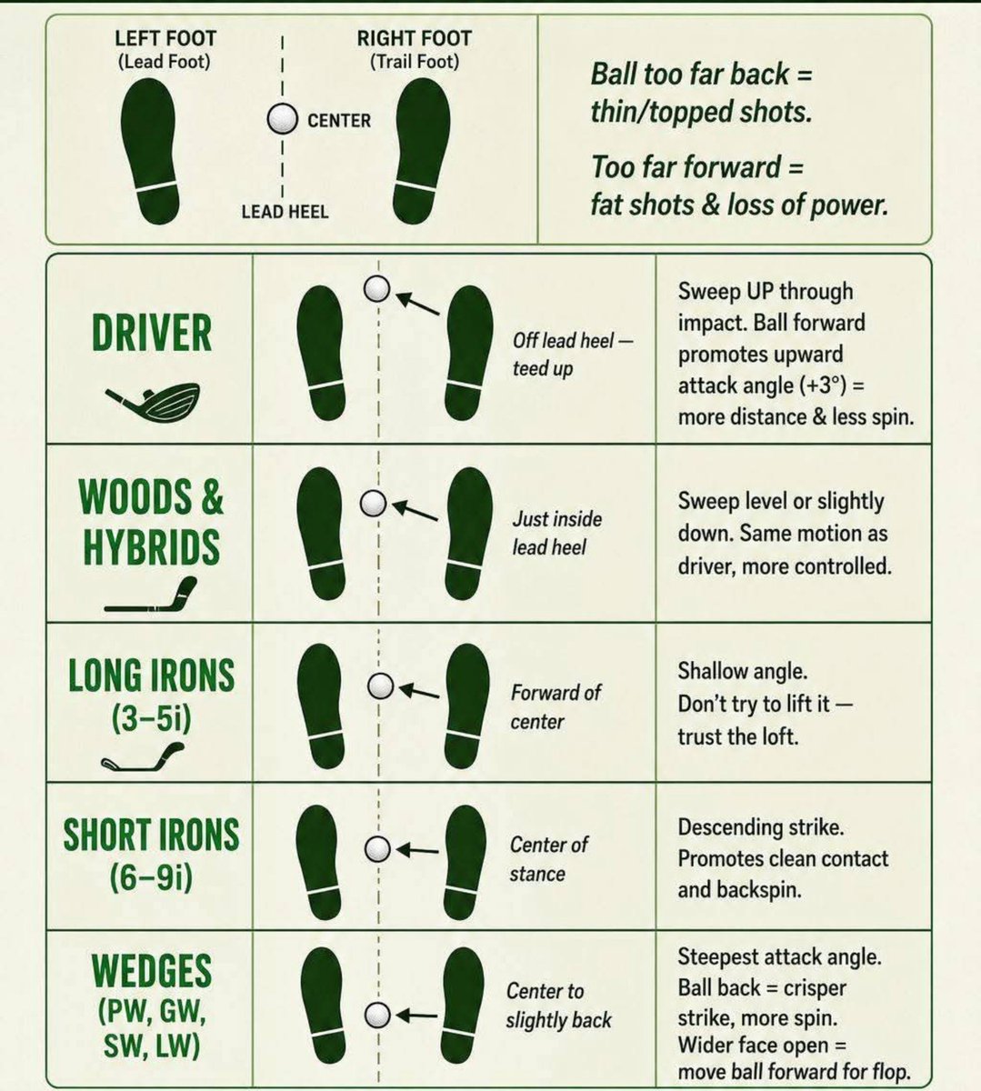 Zinniahazel's tweet photo. Ball Position Can Change Your Entire Golf Shot ⛳ 
A lot of golfers focus on swing mechanics while ignoring one of the simplest setup fundamentals: where the ball sits in your stance.
Ball position should change as the club changes.
 1:Driver.Forward around the lead heel
2: Woods & Hybrids. Slightly inside the lead heel
3: Long Irons. Just forward of center
4:Short Ironn . Around the center of your stance
5: Wedges. Center to slightly back

Why does this matter?
Your ball position affects low point, angle of attack, contact, launch, and spin. Put the ball too far back and you can catch it thin or struggle to launch it. Move it too far forward and you may hit behind it or lose control of the strike.

A simple rule to remember:
The longer the club, the farther forward the ball generally moves.
But don't treat these positions as rigid measurements. Your setup should also account for your swing club design shot shape and playing conditions.

Next time you're struggling with contact, check your ball position before changing your swing.
Setup right 
Strike pure
Score lower