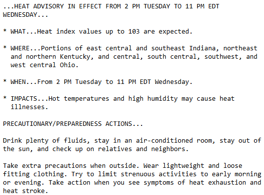 bcohioEMA's tweet photo. 8/31/2026 @ 2:10 pm - @NWSILN has issued a Heat Advisory for Butler County from 2:00 pm Tuesday Sept. 1st through 11:00 pm Wednesday Sept. 2nd. Remember to drink plenty of fluids, stay in an A/C room or building, watch for signs and symptoms of a heat related illness. https://t.co/CRsiwP6GsB