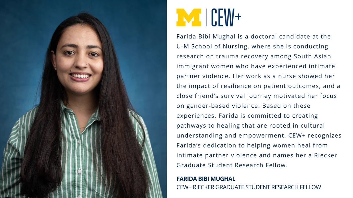 An image of a smiling person against a blue background. To the right, there is a detailed description of Farida Bibi Mughal's academic work at the University of Michigan School of Nursing, focusing on trauma recovery for South Asian immigrant women. The text mentions her dedication to pathways for understanding and empowerment of women. The image also includes the University of Michigan and CEW+ logos.