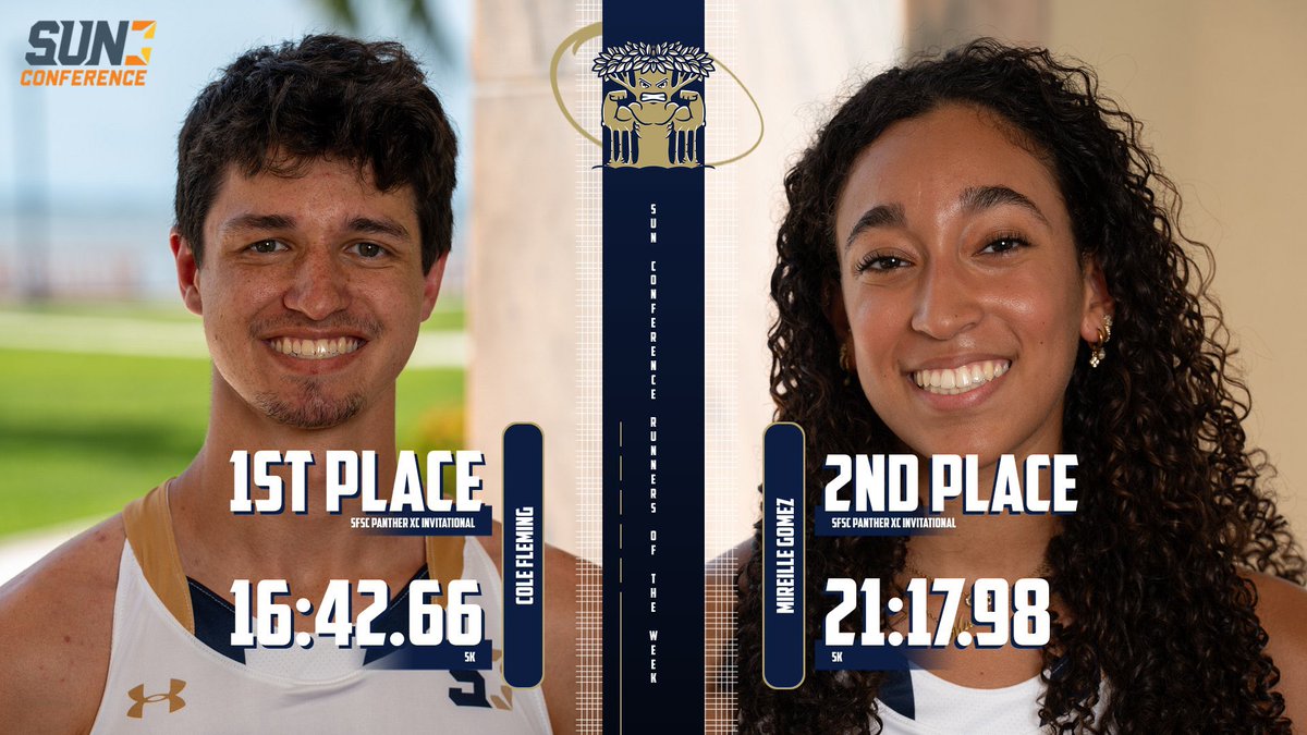 NCFBanyans's tweet photo. NCF XC ran away with both @sunconference weekly awards! 

🏃 Cole Fleming is your Men’s Runner of the Week
🏃‍♀️ Mireille Gomez is your Women’s Runner of the Week

Press Release: https://t.co/Wd02c21yKY

#GoMightyBanyans #RootsRunDeep https://t.co/DdF9q3BCny