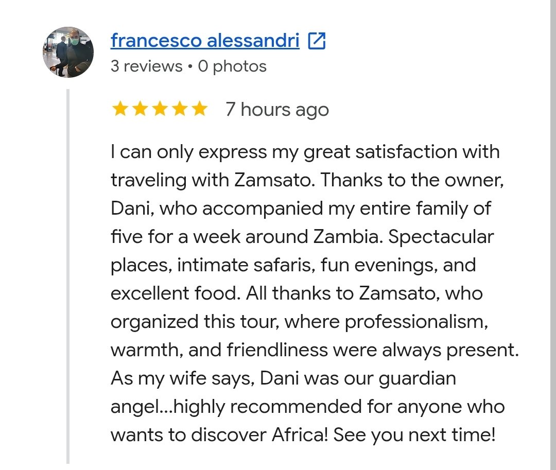 Zamsato's tweet photo. A wonderful review from Francesco and his family after their Zambian adventure with Zamsato. 🐘🇿🇲
“Spectacular places, intimate safaris, fun evenings, and excellent food.”
Thank you for trusting us with your journey — and for calling Dani your “guardian angel”! 😊
Until the next African adventure! 🌍
#Zamsato #Zambia #Safari #VisitZambia #AfricanSafari #TravelZambia