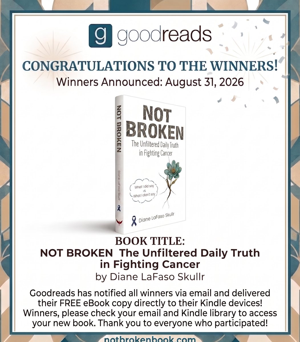 DianeSkullr's tweet photo. The Goodreads giveaway for NOT BROKEN is officially wrapped! 🎉 Congrats to the winners. Your free eBook is waiting on your Kindle.

Bummed that you didn't win? You can still grab yours on Amazon or over at https://t.co/Q4uVLHPNsS! 🤍📚

#CancerAwareness #BookGiveaway https://t.co/SjIvKKTcgN