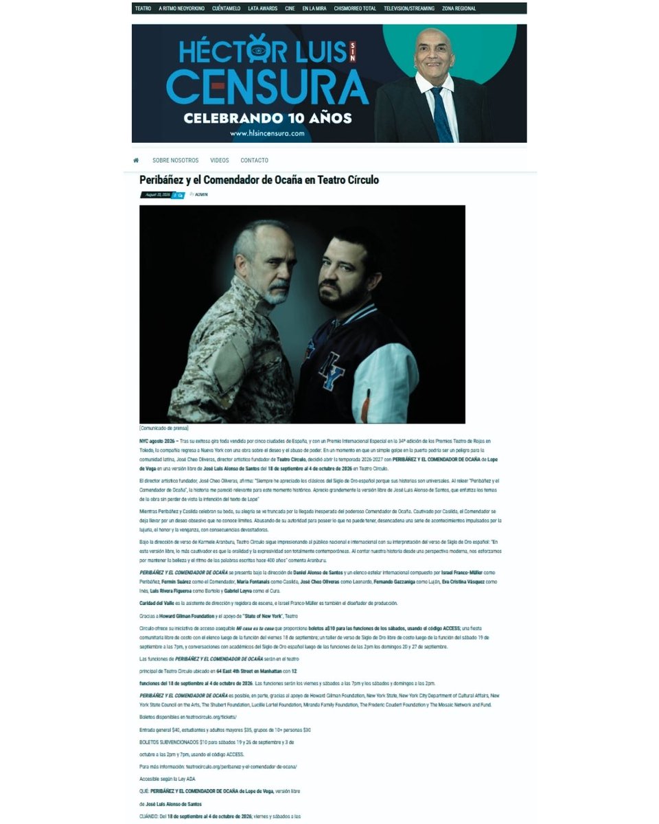 TeatroCirculoE4's tweet photo. Agradecemos a Lissette Montolío de ‘La voz hispana’ y a Héctor Luis Rivera de ‘Héctor Luis sin censura’ por apoyarnos con la difusión de PERIBÁÑEZ Y EL COMENDADOR DE OCAÑA.
¡Nos vemos en el teatro!
https://t.co/O3ZgVqHWiT
#nyc #theater #teatro #discountcode #theaterlife https://t.co/x83D4kZDva